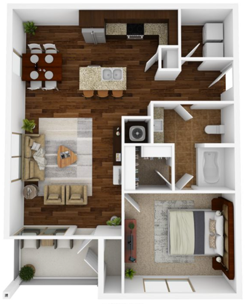 Floor plan for 1 bed, 1 bath, 648 sqft